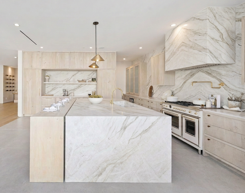 Modern and spacious kitchen with marble island and high-end appliances.